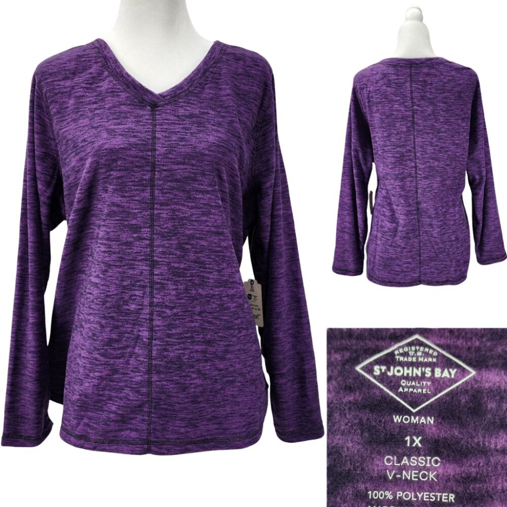 St Johns Bay Women Plus 1X Purple Polar Fleece V-Neck Long Sleeve Sweatshirt Top